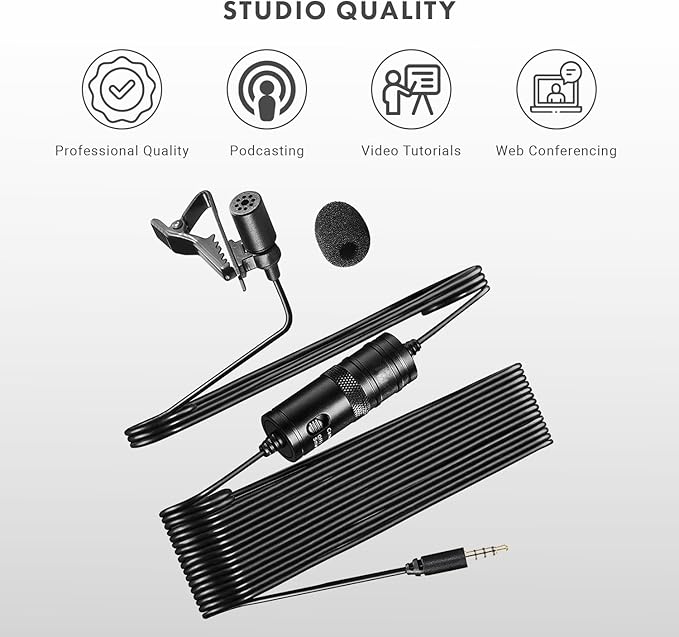 Movo LV1-USB Lavalier Microphone for Camera, Lapel for iPhone and Android Smartphones, Body Lav Mic, Clip On Microphone for 3.5mm, Shirt Lapel Mic for Phone, GoPro, Interview, Computer, PC