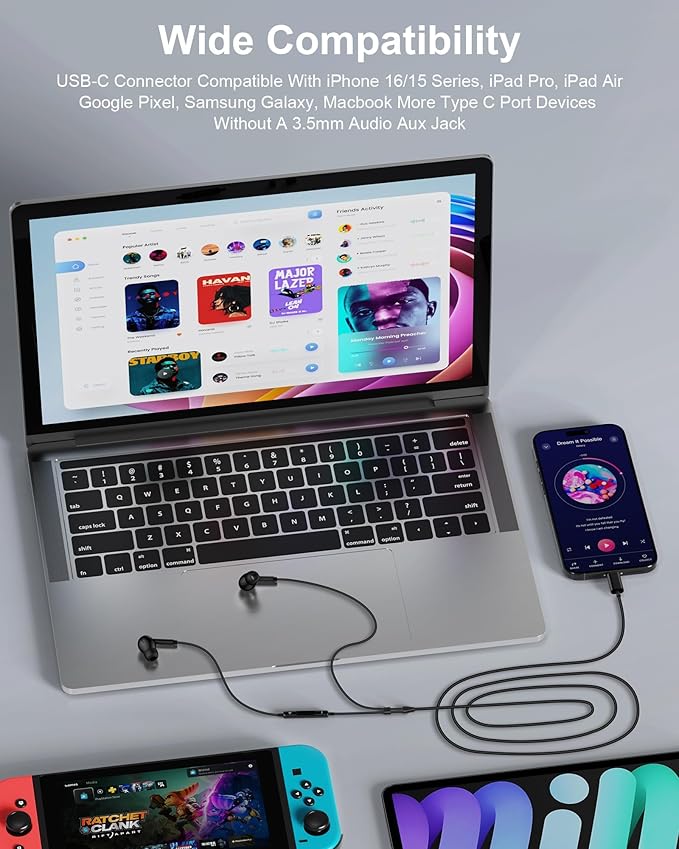 Wired Earbuds USB-C Headphones for Samsung Buds Galaxy S26 S25 Ultra S24 A17 A16 A36 A6 Apple Wired iPhone 17 17Pro Air Pods16e 16 Pro Max 15 Plus in-Ear Buds Type C Earphones Usbc Corded Auriculares