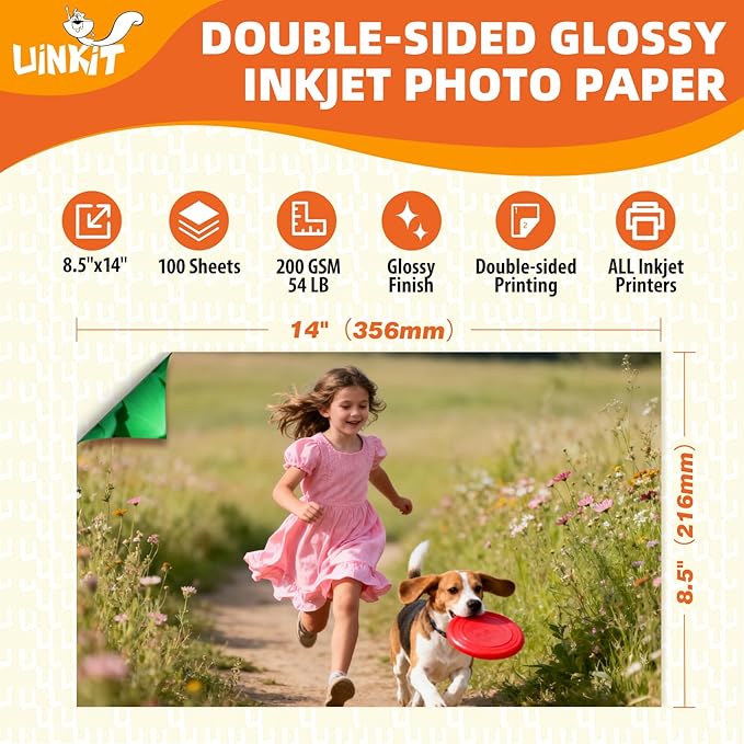 Uinkit 8.5x14 inches 54lb Double Sided Photo Paper Glossy 54lbs100 sheets Inkjet for Dye Ink 200Gsm Value Bulk Pack Picture 8.5 x 14 9.5Mil for Inkjet Printing Printer