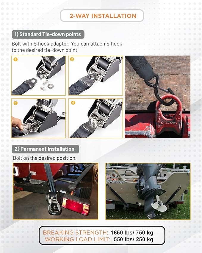Strapinno 2PCS Stainless Steel Retractable Ratchet Straps (1 7/8 in x 4 ft) Heavy Duty Transom Tie-Downs with Extension Straps, Bolt Set & Safety Latch S-Hooks,for Boat,Break Strength 1,650LBS/750KG