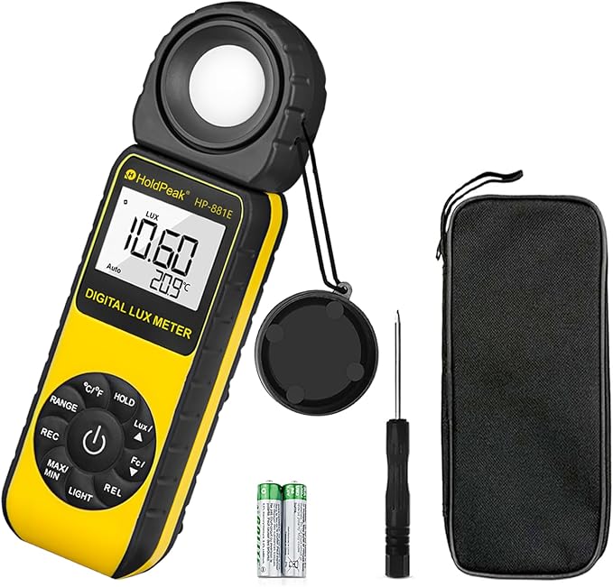 HOLDPEAK Digital Light Meter, Digital Illuminometer/Light Meter with 1~300,000 Lux (1~30,000 FC) Measuring Ranges and 270° Rotated Sensor for LED Lights and Plants Lumen Meter, 881E
