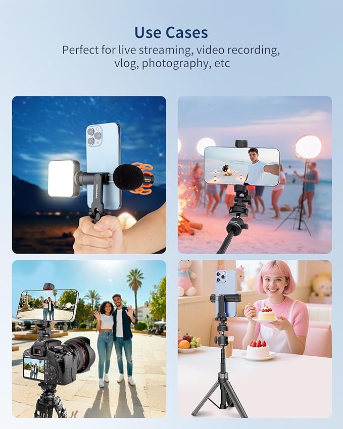Phone Tripod Mount Adapter with Cold Shoes and 1/4" Screw, 360° Rotates and 180° Tilts Adjustable Cell Phone Clamp Holder, Compatible with iPhone Samsung and Universal Smartphone for Photography