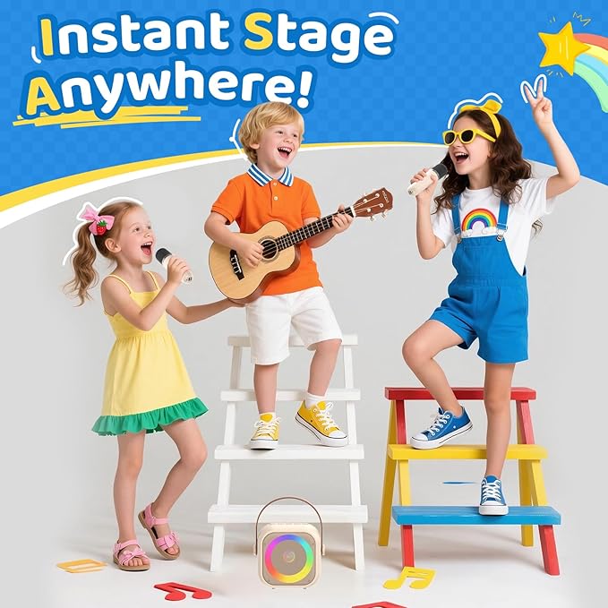 Karaoke Machine for Kids, Toys for 3-12 Years Old Girls Gifts, Kids Karaoke Microphone Machine Toy, Best Fun Christmas Birthday Gifts for 5 6 7 8 9 10 11 Years Teens Girl Boys Beige 2 Mic