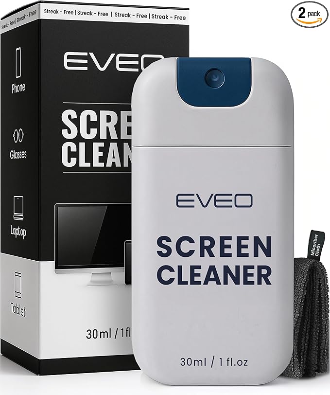 EVEO Computer Screen Cleaner Spray Kit- Portable Laptop Screen Cleaner, Phone Cleaner & Monitor Cleaner + Microfiber Cloth - Car Screen Cleaner for MacBook, iPad and More Electronic Devices - (1 Pack)