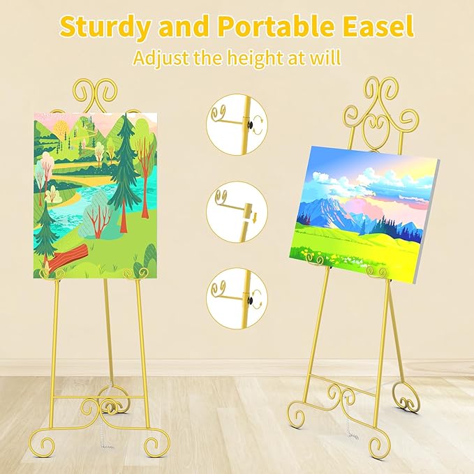 Gold Easel Stand for Sign, Vintage Decorative Adjustable Floor Metal Display Easel with Chain Support for Wedding Signs, Art, Posters, Pictures, Welcome Signs, Suitable for Home, Parties, Galleries