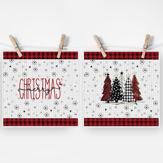 Artoid Mode Red Xmas Tree Snowman Merry Christmas Kitchen Dish Cloths, 12x12 Inch Quick Dry Microfiber Dishcloths for Kitchen Dish Rags Set of 4