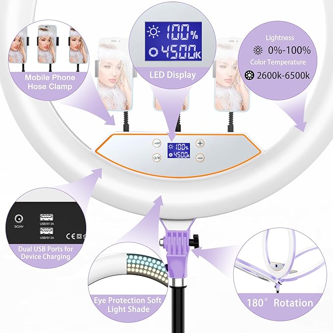 22"Ring Light with Stand,Ring Light Tripod for iPhone ipad,with 75"Tripod/LCD Display/4 ipad iPhone Clips/2 USB Ports,2600K-6500K Color Temperature,for Barber Makeup Tattoo TikTok Video Recording Vlog