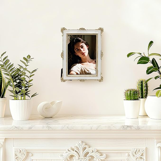 PHAREGE 5x7 White Picture Frame with Gold Trim, Vintage Decorative Display Photo Frame 5 by 7, Ornate Antique Frame for Tabletop or Wall
