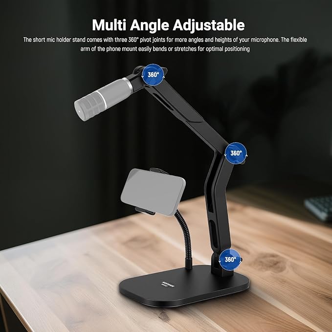 NEEWER Desk Microphone Stand with Phone Clamp & Flexible Arm, Adjustable Table Top Mic Holder Mount with 1/4" to 5/8" Screw Adapter Compatible with Blue Yeti Razer Seiren Mini, Max Load 3.3 lbs, MS022