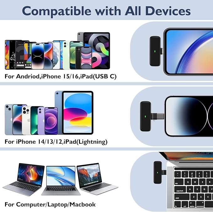 Upgraded 3 in 1 Wireless Lavalier Microphones with Charging Case for iPhone&USB C Android&Laptop,Noise Cancelling Lapel Mic Cordless Mini Mic for Video Recording Vlogging, YouTube, Interview