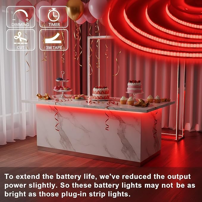 Red COB LED Strip Lights Battery Powered, 6.56FT 640LED Light Strip Wireless Dimmable Cuttable Flexible LED Lights with Remote for Boat, Cars Motorcycles, Computer, Party, TV Wall, DIY Decoration