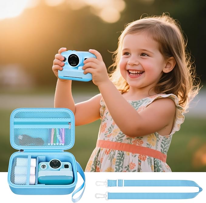 Kids Instant Print Camera Case for Dylanto/for Gofunly/for DUDUDRAGON/for ESOXOFFORE, Digital Video Camera Storage Box with 3 Roll Papers, Hold for Color Pen and Accessories (Bag Only)- Blue