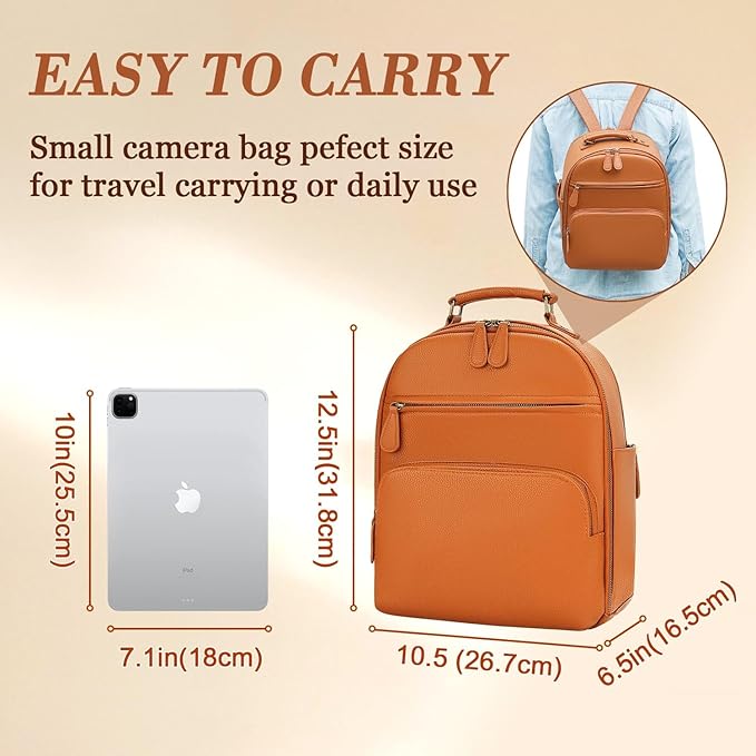 Small Camera Backpack, Classic PU Leather for DSLR, Professional Camera Bag for Photographers with 11 Inch Pad/Tablet Compartment, 10L Brown