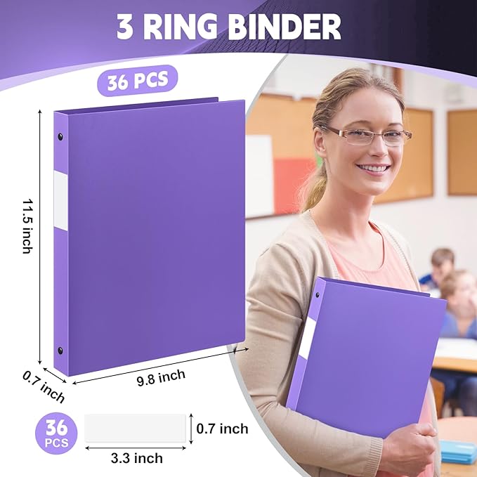 Henoyso 36 Pcs 3 Ring Binder 1/2'' Round Fits Letter Size 8.5'' x 11'' Paper Plastic Flexible Binder Holds 140 Sheets with 1 Pockets Versatile Organizer for Home Office School (Purple)