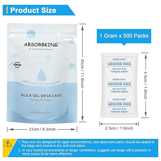 Silica Gel Packets, 1 Gram 500 Packs Moisture Absorbers for Food Storage, Premium Color Indicating Desiccant Packs for Food, Seeds, Jewelry, Electronics