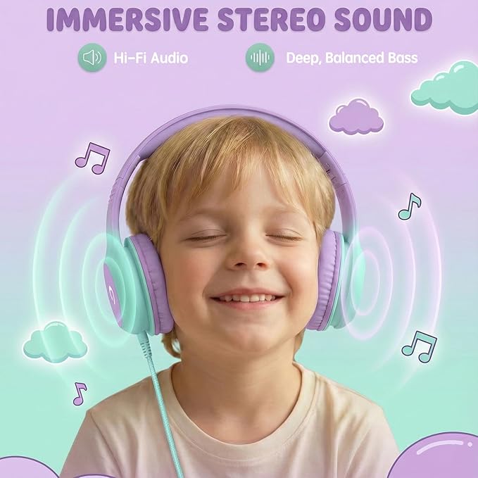 Wired Kids Headphones with USB C Plug, 85dB Safe Volume, Adjustable Headband, Tangle-Free Cord Headphones for School, Tablet, Travel (Lavender & Mint Green, Without Microphone)