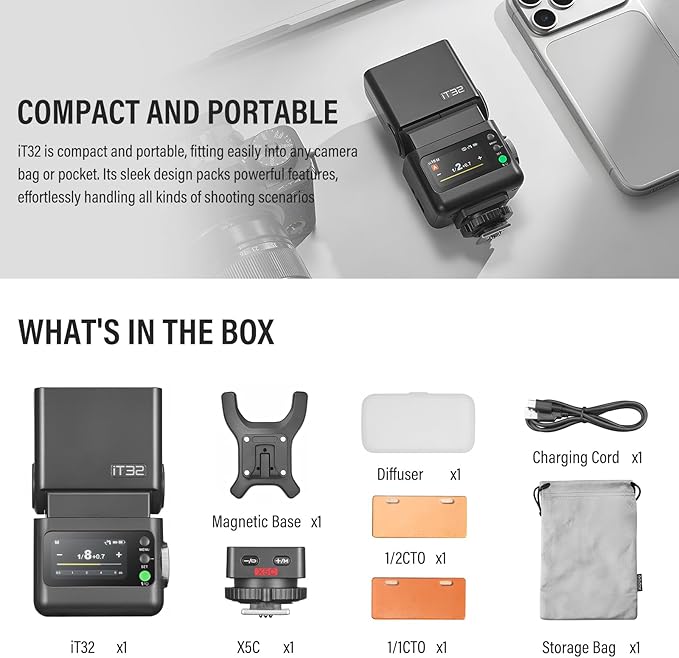 Godox IT32 TTL Camera Flash for Canon with X5C Trigger & Diffuser kit,Magnetic Hotshoe & Trigger 2-in-1,2.4G Wireless,HSS 1/8000s,GN18,LED Modeling Lamp,Colorful Touch Screen,Rotatable Flash Head