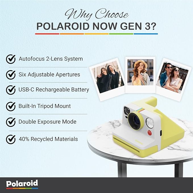 Polaroid Now Generation 3 I-Type Instant Camera (Yellow) Bundle with Color I-Type Film (8 Exposures), Hard Protective Case and Wrist Strap
