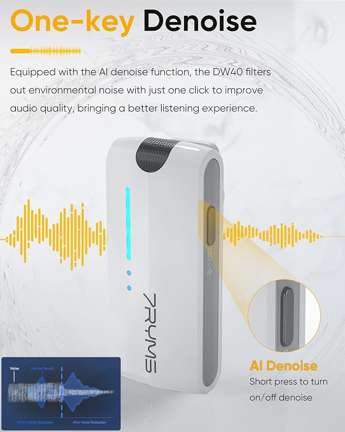 7RYMS iRay DW40 4-Channel Wireless Lavalier Microphone with Noise Cancellation, 656ft Range, 12.5H Working, Wireless Laple Mic for iPhone, DSLR Camera, Android, Video Recording Podcast Live-Stream