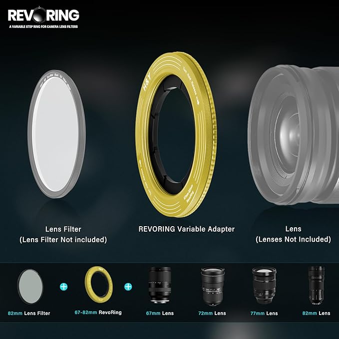 H&Y RevoRing Adjustable Step Up Ring 67-82mm to 82mm, Variable Lens Filter Adapter Ring, Universal Stepping System fits 67 72 77 82mm, Yellow