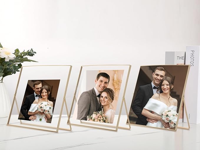 Gold 5x5'' Floating Frame Set of 2,For Photo Sizes(4x4'' or 3x3''),Beautiful Metal Beaded Frames Adjustable Tabletop/Shelf Photo Frame,Classy Gift Choice for Wedding,Birthday or Christmas Gift
