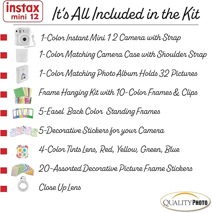 Fujifilm Instax Mini 12 Instant Camera with Case, Decoration Stickers, Frames, Photo Album and More Accessory kit (Clay White)