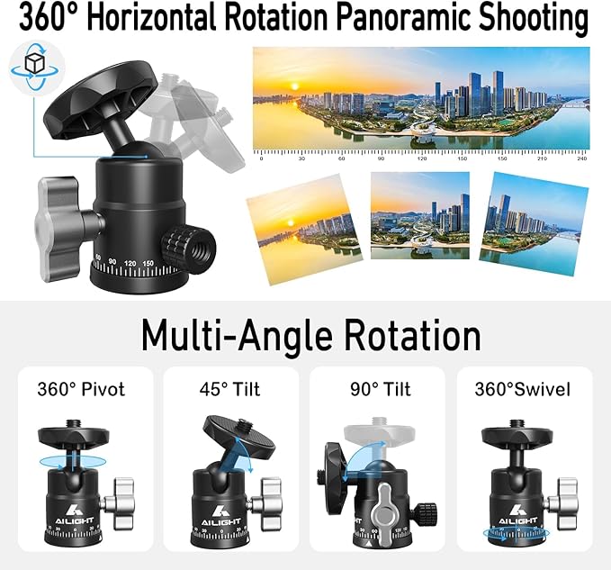 Ailight Mini Ball Head, 360° Panoramic Tripod Head, Universal 1/4" to 3/8" Screw Adapter Swivel Mini Ball Head Screw Tripod Mount, Dual Cold Shoe Mount for DSLR Cameras Camcorder（4 Pack