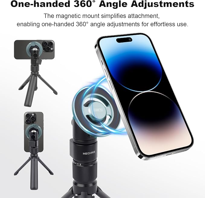 cametv Magnetic Phone Tripod Mount Adapter with 1/4" Screw Holes & Cold Shoe, Aluminum Magnetic Tripod Mount Compatible with iPhone 16/15/14/13/12 Pro Max, Magsafe Case, Selfie Stick (74004)