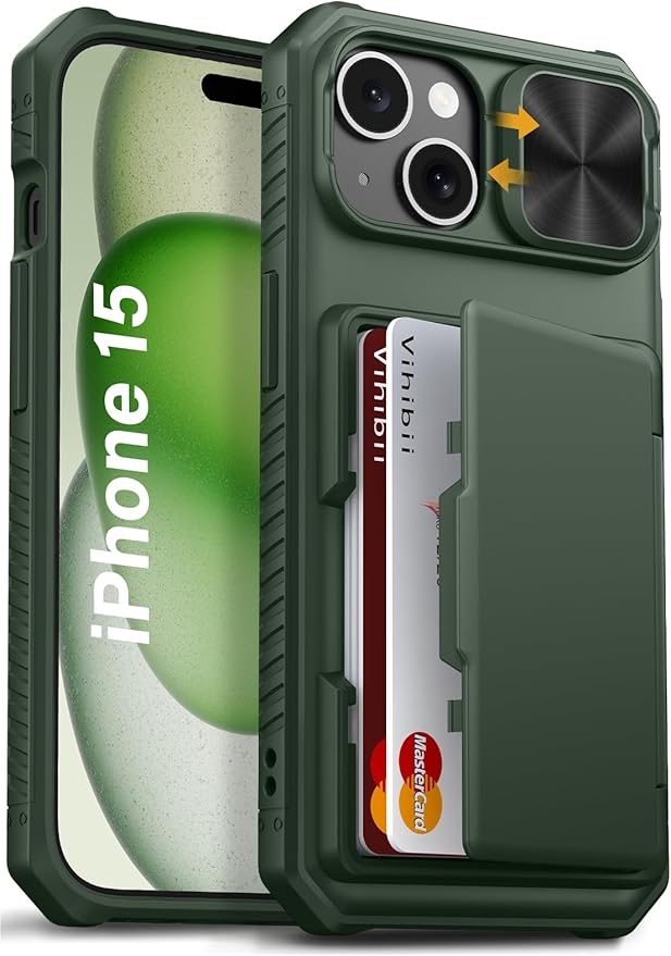 Vihibii for iPhone 15/14/13 Wallet Case, Built-in Card Holder (4 Cards), RFID Blocking & Slide Camera Cover, Military Grade Drop Protection, TPU Soft Edge Phone Case, Green