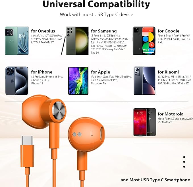 USB C Headphones with Microphone for iPhone 17 Pro Max 17e 16e 16 15 Plus,Type-C Headphones for Google Pixel 10a Wired Earbuds Magnetic Sport Earphone for iPad/OnePlus 15/Samsung S26 S25 Flip 6 Fold 7