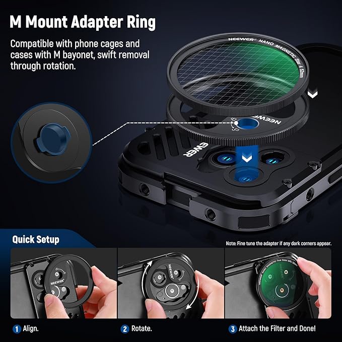 NEEWER 52mm Magnetic Filter for Phone with Adapter Ring/4 Points Star/True Color CPL/1/4 Black Diffusion Filter Compatible with SmallRig NEEWER Phone Cage with M Lens Mount for iPhone 14 13 12 Series