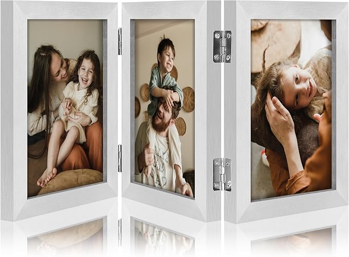 decorUhome Triple 4x6 Picture Frame Vertical, Engineered Wood Trifold Photo Frame with Plexiglass for Tabletop Display, 4x6, Silver