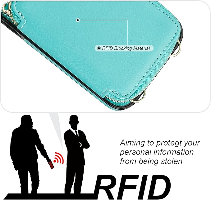 Bocasal RFID Blocking Wallet Case for iPhone 15 Pro Max, Adjustable Crossbody Zipper Purse Card Holder with Kickstand and Detachable Wrist Strap, PU Leather Flip Folio Case 6.7 Inch 5G (Mint Green)