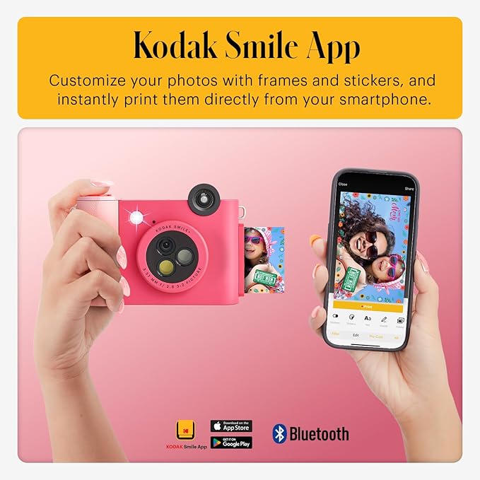 Kodak Smile+ 2-in-1 Digital Instant Print Camera & Wireless Bluetooth Photo Printer - 10MP, Special-Effect Rotating Lens, Zink 2x3” Sticky-Back Photos, Print via Fun App from Smart Devices - Fuchsia