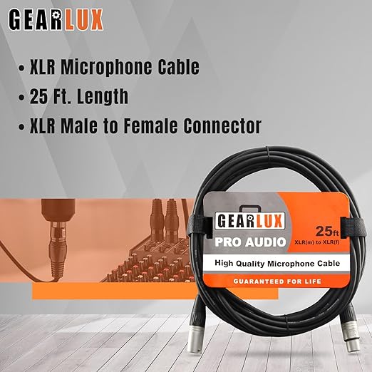 Gearlux XLR Microphone Cable, Fully Balanced, Male to Female, 25 Feet - 10 Pack