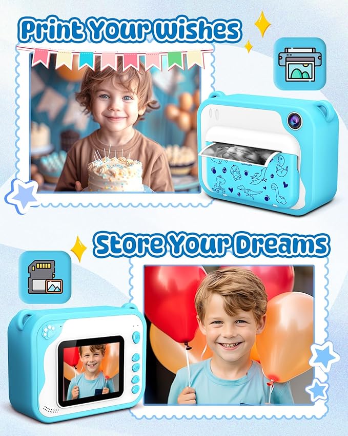 Kids Camera Instant Print, Dinosaur Instant Print Camera for Kids with 1080P Video, 32GB SD Card, 240 Photos, Christmas Birthday Gifts for Boys Girls Ages 3-12 (Blue)