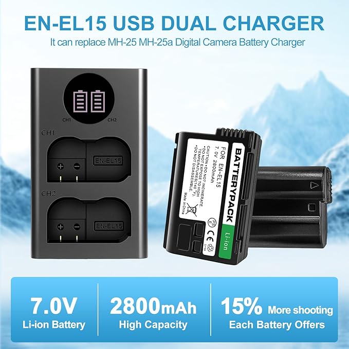 EN-EL15 Replacement Battery 2-Pack with LCD Dual Charger - 2800mAh Li-ion Battery for Nikon D850 D750 Z6II Z7II Z5 D500 D7500 D800 Z8 Zf D810 D800E D810A D600 D610 1 V1 DSLR & Mirrorless Cameras
