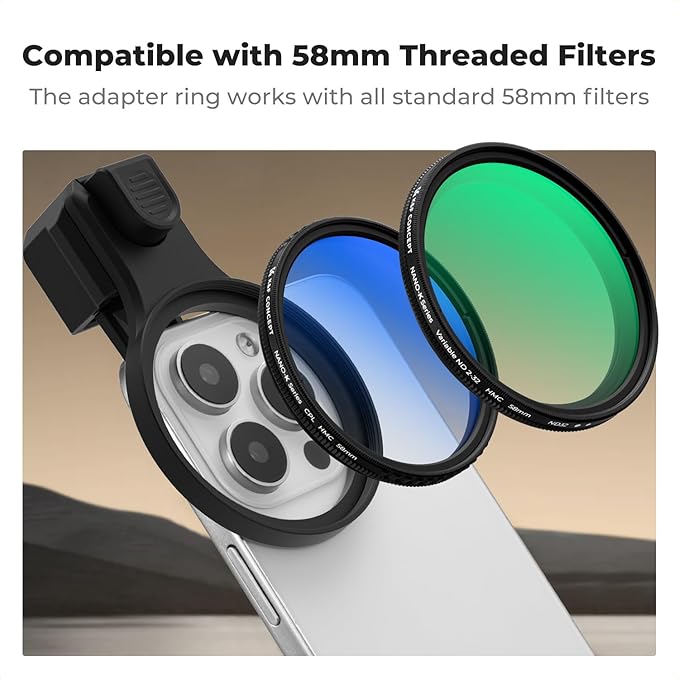 K&F CONCEPT 58mm Press-on ND2-32 Phone Lens Filter Kit, Multi-Coated VND Filter Compatible with iPhone 17/16/15/14/13/12 Standard, 16/15/14/13/12 Pro/Pro Max, 58mm Threaded Filters