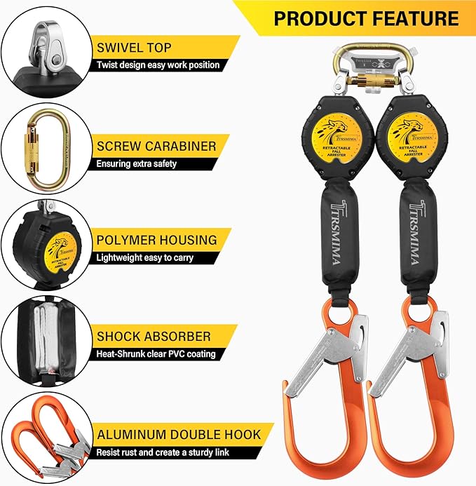 TRSMIMA Fall Protection Retractable Lanyard - 6FT Twin Leg Self Retracting Lanyard Tangle-Free Webbing Shock Absorber Dual Aluminum Rebar Hook Aluminum Carabiner ANSI