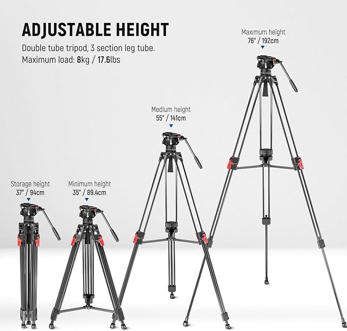 NEEWER 76" Video Camera Tripod with Fluid Head, One Step Quick Release Portable Tripod, Aluminum Heavy Duty Tripod Stand, Dual Mode QR Plate for DSLR Cameras Camcorders, Max Load 17.6lb, LL27