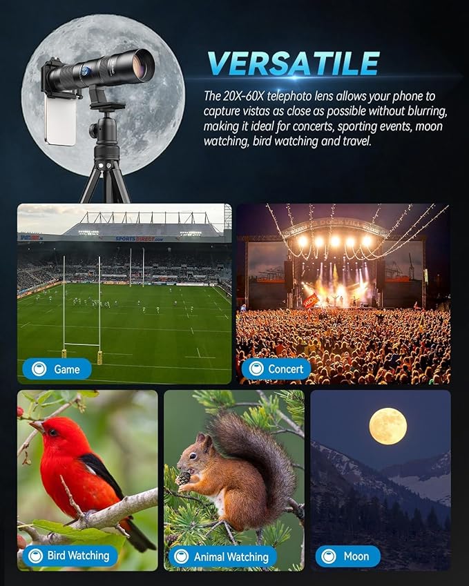 20-60X Zoom Telephoto Lens, Evil Eye High Power HD Telephoto Phone Lens with Tripod and Universal Phone Clip for iPhone 16/15/14/13 Series, Samsung, Android Phone and Most Smartphone
