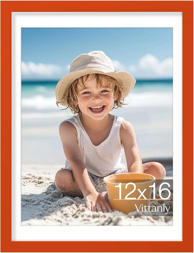 Vittanly 12x16 Picture Frame, Made of Solid Wood and Shatterproof Plexiglass, Display Pictures 11x14 with Mat or 12x16 without Mat, Wooden Photo Frame for Wall Mounting, Orange, 1 Pack