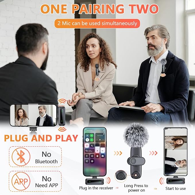 2 Pack Wireless Lavalier Microphone for iPhone 15 16, iOS and Android Phone, USB C Mini Microphone LED Display Clip on Mic for Video Recording TikTok YouTube Vlog