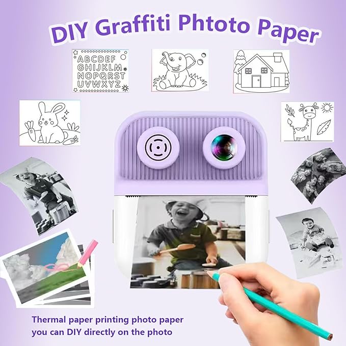Dual-Lens Instant Print Camera for Kids, 48MP Thermal Instant Printing Camera with 2.4 Inch IPS Screen for Toddler, Boys Girls Christmas Birthday Gifts Photo Printer with 64GB SD Card (Purple)
