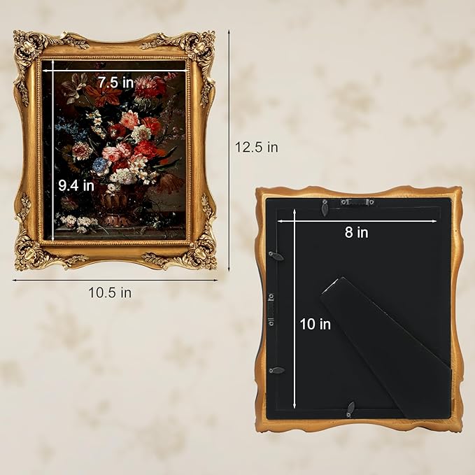 8x10 Gold Vintage Picture Frame, Ornate Baroque Gothic Victorian Frames with Mat for 5x7 or 8 x 10 Photos, Tabletop or Wall Display, Antique Home Decor Accent