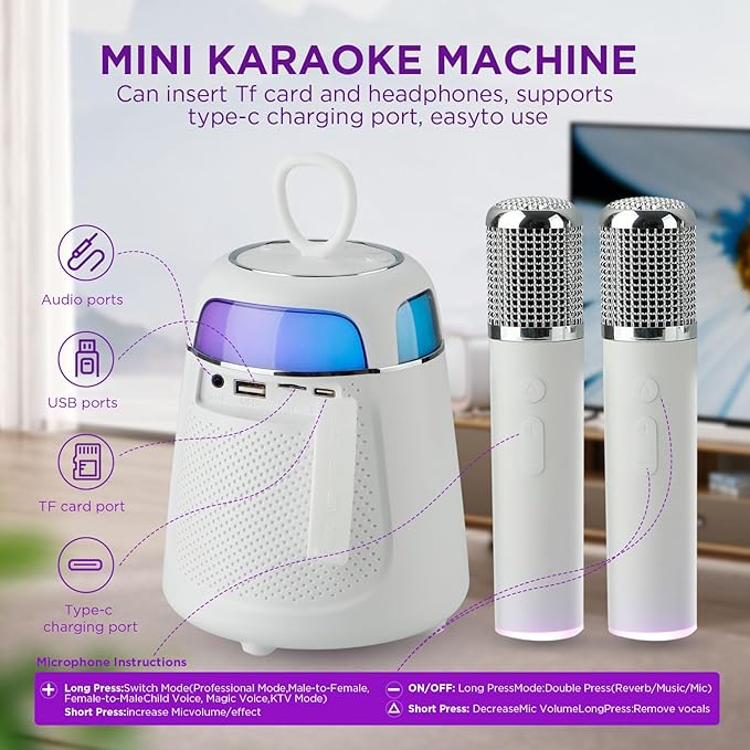 Mini Karaoke Machine with 2 Wireless Microphones, Portable Karaoke Machine for Kids & Adults, 10W Bluetooth Speaker with Voice Changer, Lights, Supports USB/TF/AUX