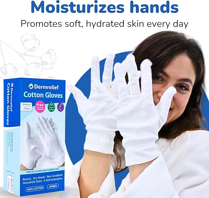 Dermrelief Cotton Gloves - for Beauty, Dry Hands, Eczema, Dermatitis and Psoriasis (7 Pairs) with Free Gifts (Professional Nail Buffer & Washing Bag) (Large)