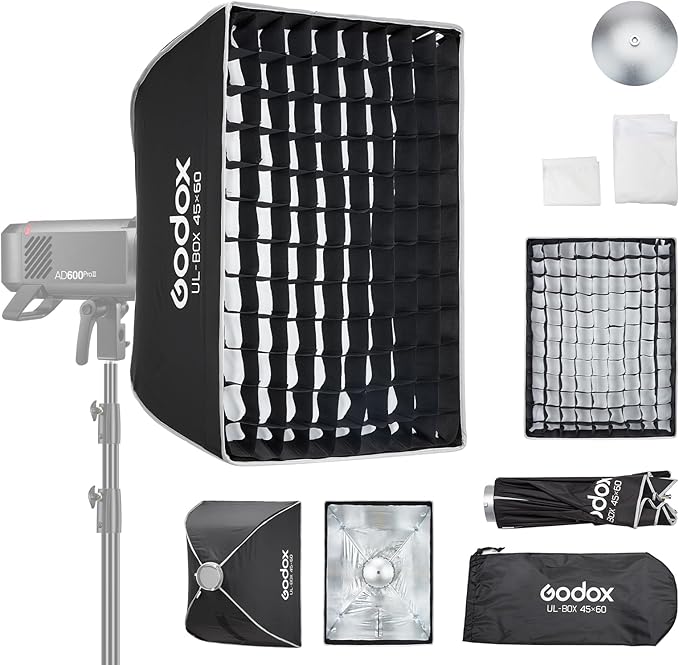 Godox Rectangular Softbox 45cm*60cm/ 17.7in*23.6in with Grid Diffuser Fast-Setup Bowens Mount Softbox Compact Photography softbox for Photography Shooting Continuous Light Monolight Strobe Flash