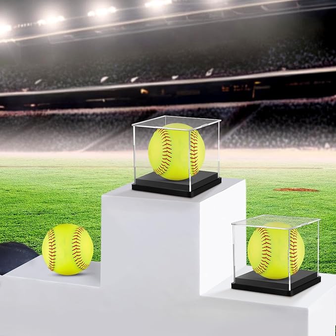 Hooqict 2 Pack Arcylic Softball Display Case Clear Softball Holder UV Protected Stand Championship Display Case Memorabilia Square Box for Golf Tennis Game Ball Baseball