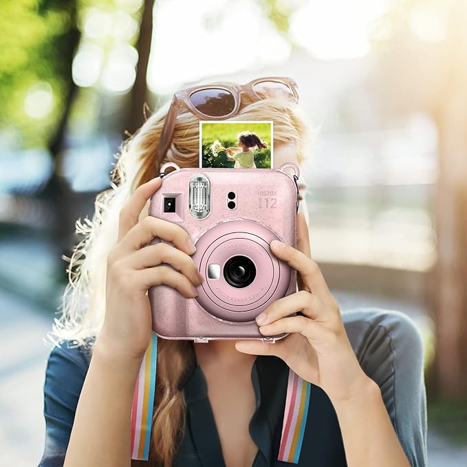 Fintie Protective Clear Case for Fujifilm Instax Mini 12 Instant Camera - Crystal Hard Shell Cover with Upgraded Film Pocket for Storing Photos & Removable Shoulder Strap